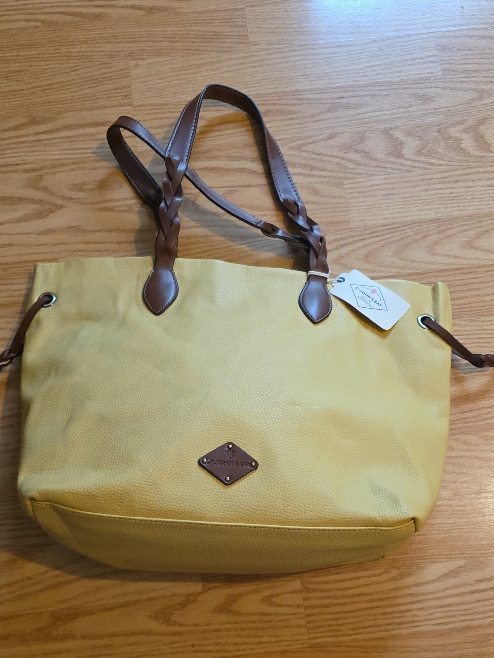 St. John's Bay Yellow Tote with Brown Braided Straps